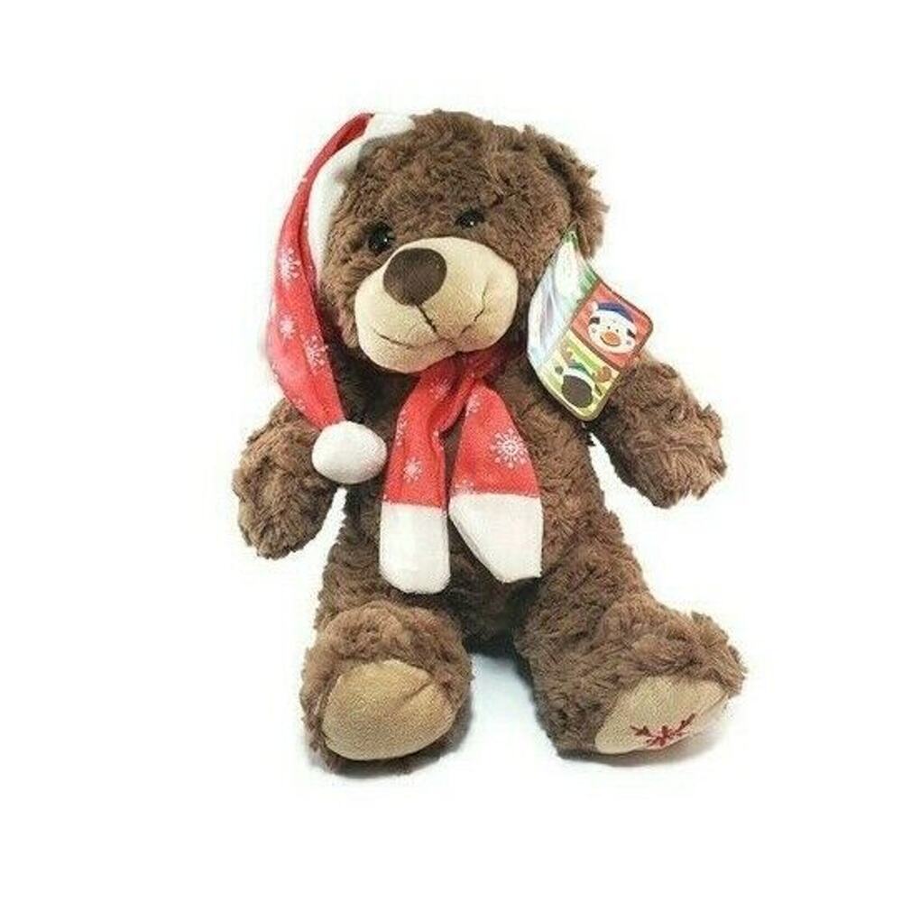 NEW Teddy Bear Stuff Animal with Red Snowflake Santa Hat & Scraf 12" Tall Plush